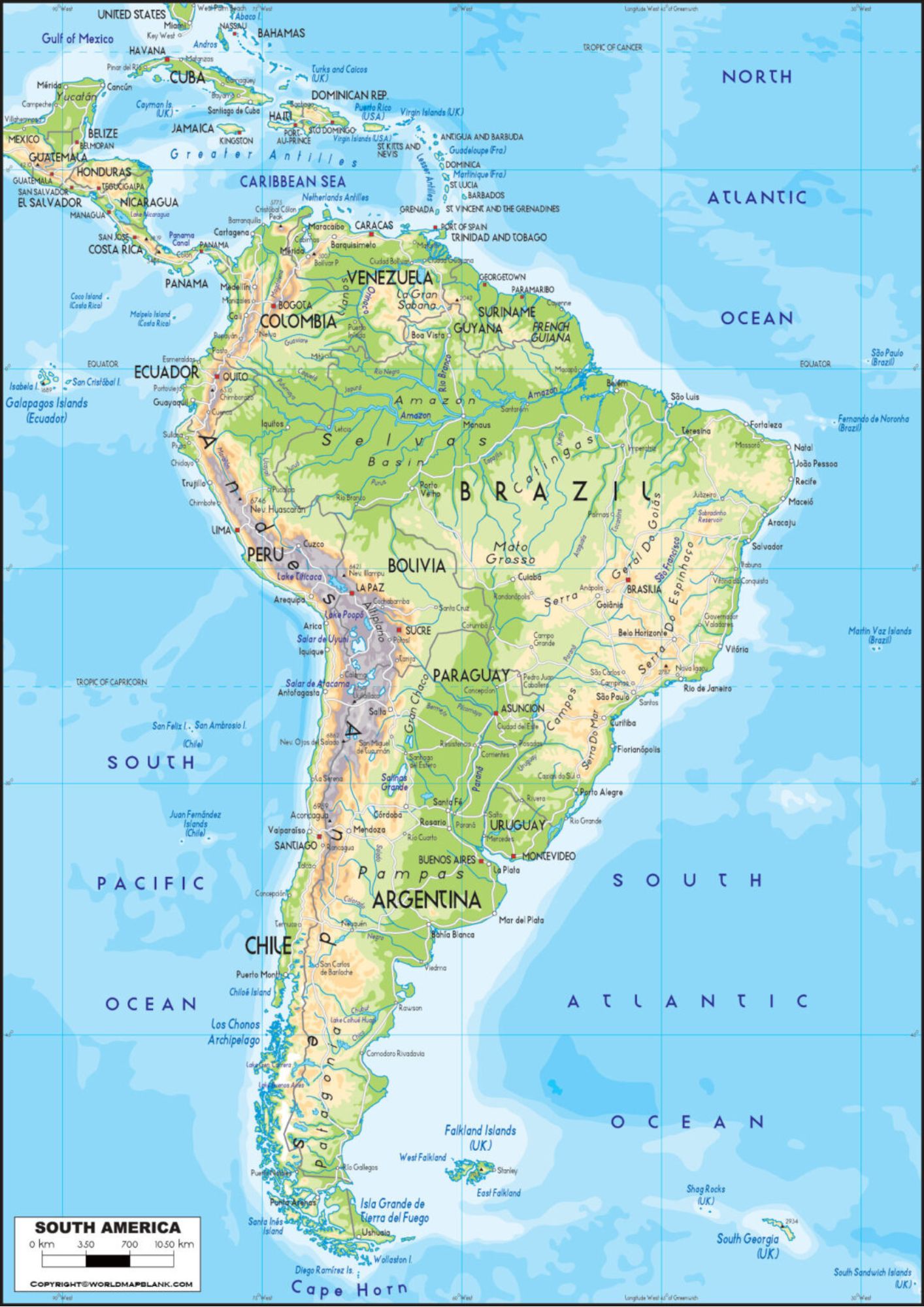 Physical Map Of South America