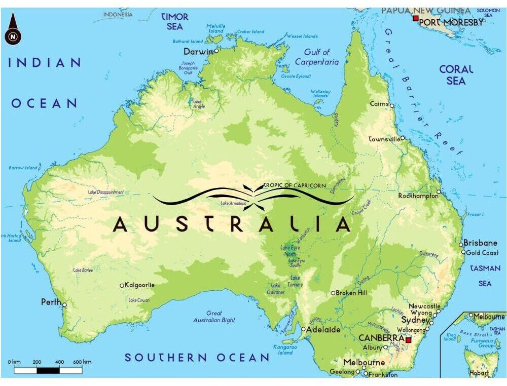 Physical Map of Australia (Oceania)